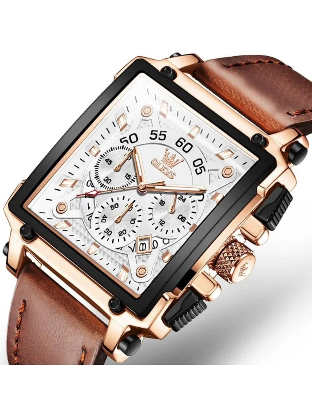 Men's White Quartz Leather Strap Waterproof Casual Trendy Square Dial Wristwatch